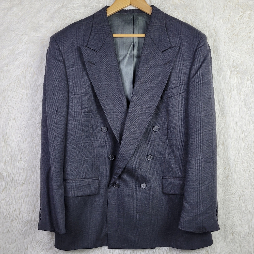 Vtg Hunting Horn 44R Dark Navy Blue Check Double Breasted Suit Jacket Glen Plaid